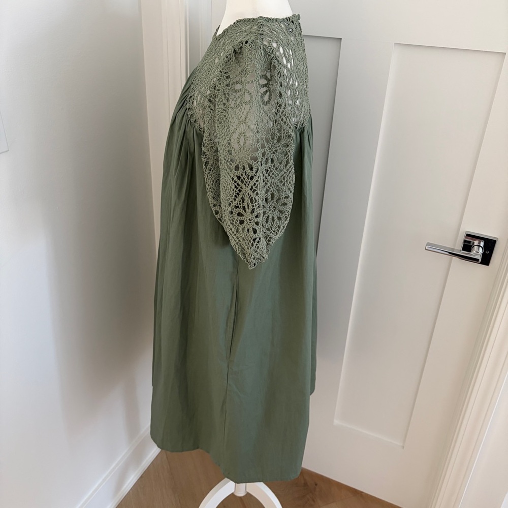 ASOS DESIGN crochet sleeve & neck midi smock dress in Sage Green Sz US 10*H19 - Picture 3 of 5